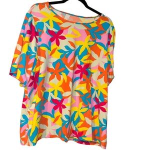 Lands' End Crew Neck Elbow Sleeve Rash Guard UPF 50 floral swim top 2x 20 22